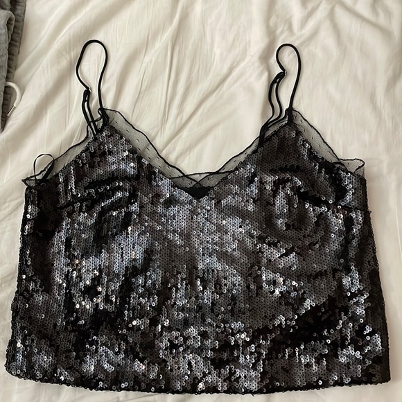 Forever 21 Sequin Spaghetti Strap Top with Mesh Trim - Picture 1 of 7